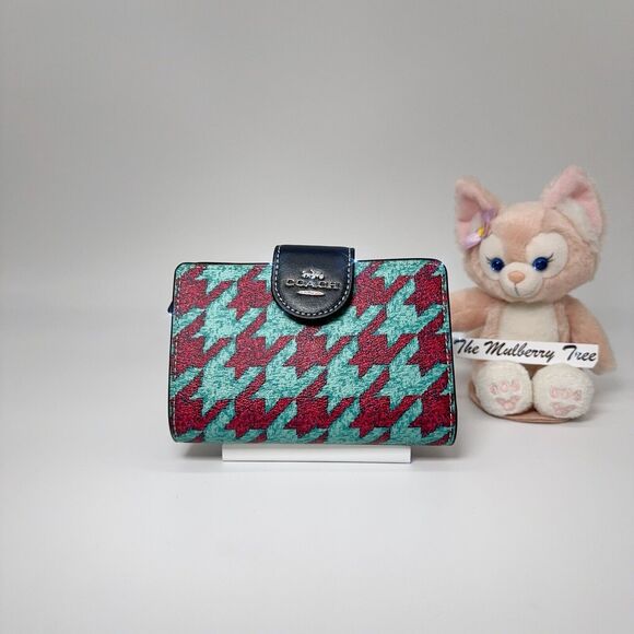 Coach Medium Corner Zip Wallet With Houndstooth Print Teal Wine CJ680 NWT $198 - Picture 1 of 9